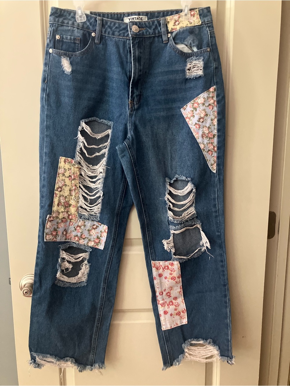 Vintage Blue Distressed Straight-Leg Jeans with Floral Patches